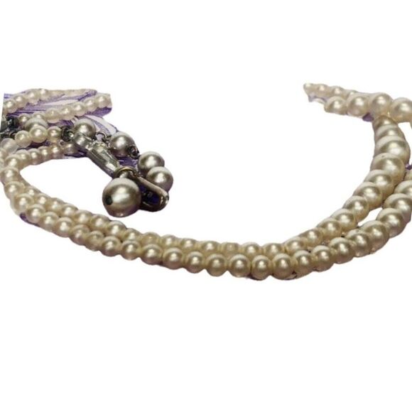 Vintage Oversized Beige Pearl Bead Double Strand Rhinestone Women’s Necklace - Picture 8 of 9